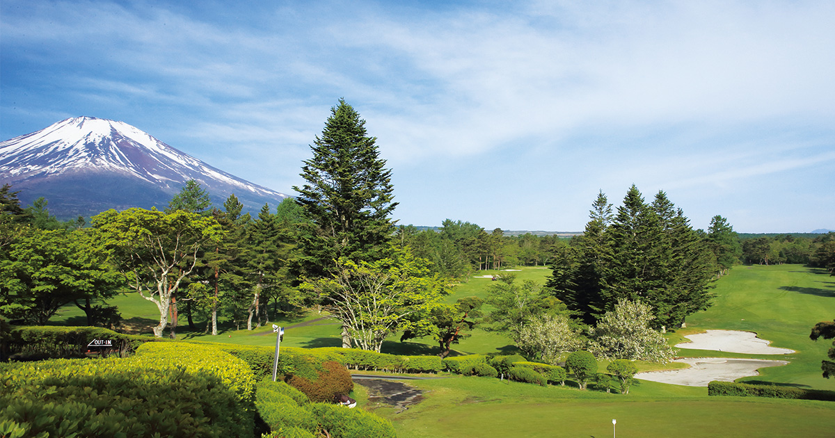 Mt. Fuji rising behind the fairways at Fuji Golf Course, Lake Yamanaka
