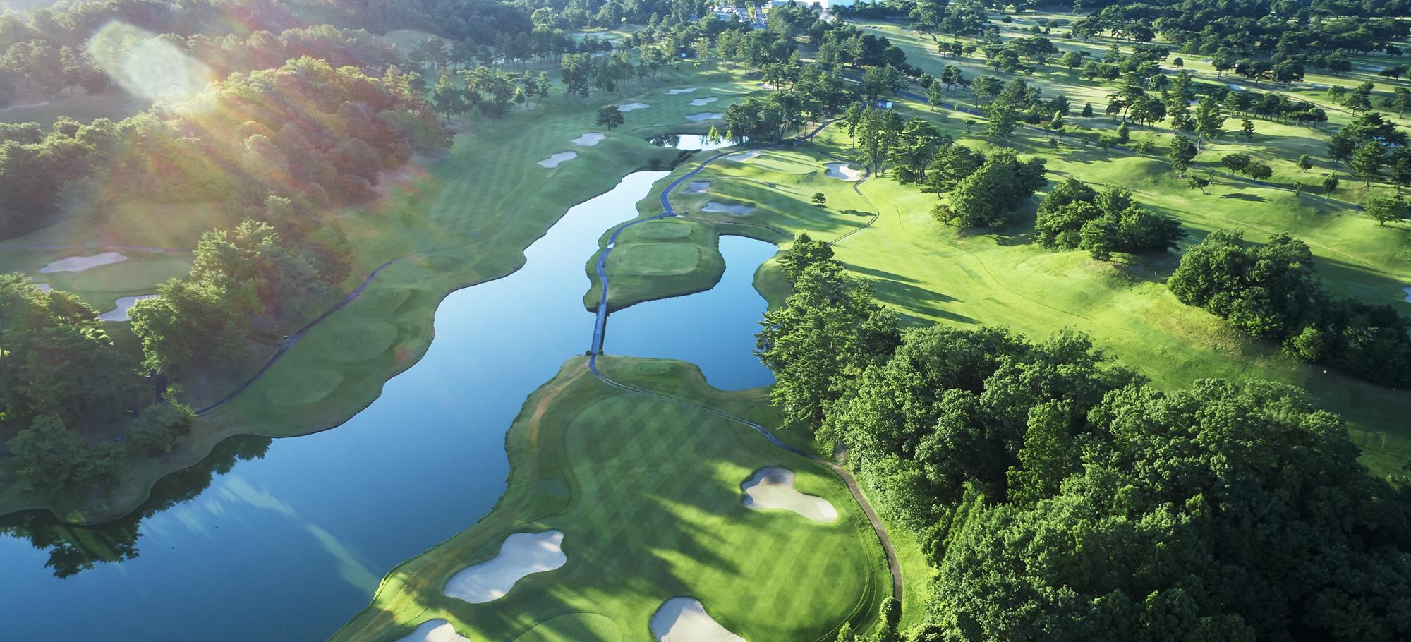 Aerial view of the North Course fairways running alongside water